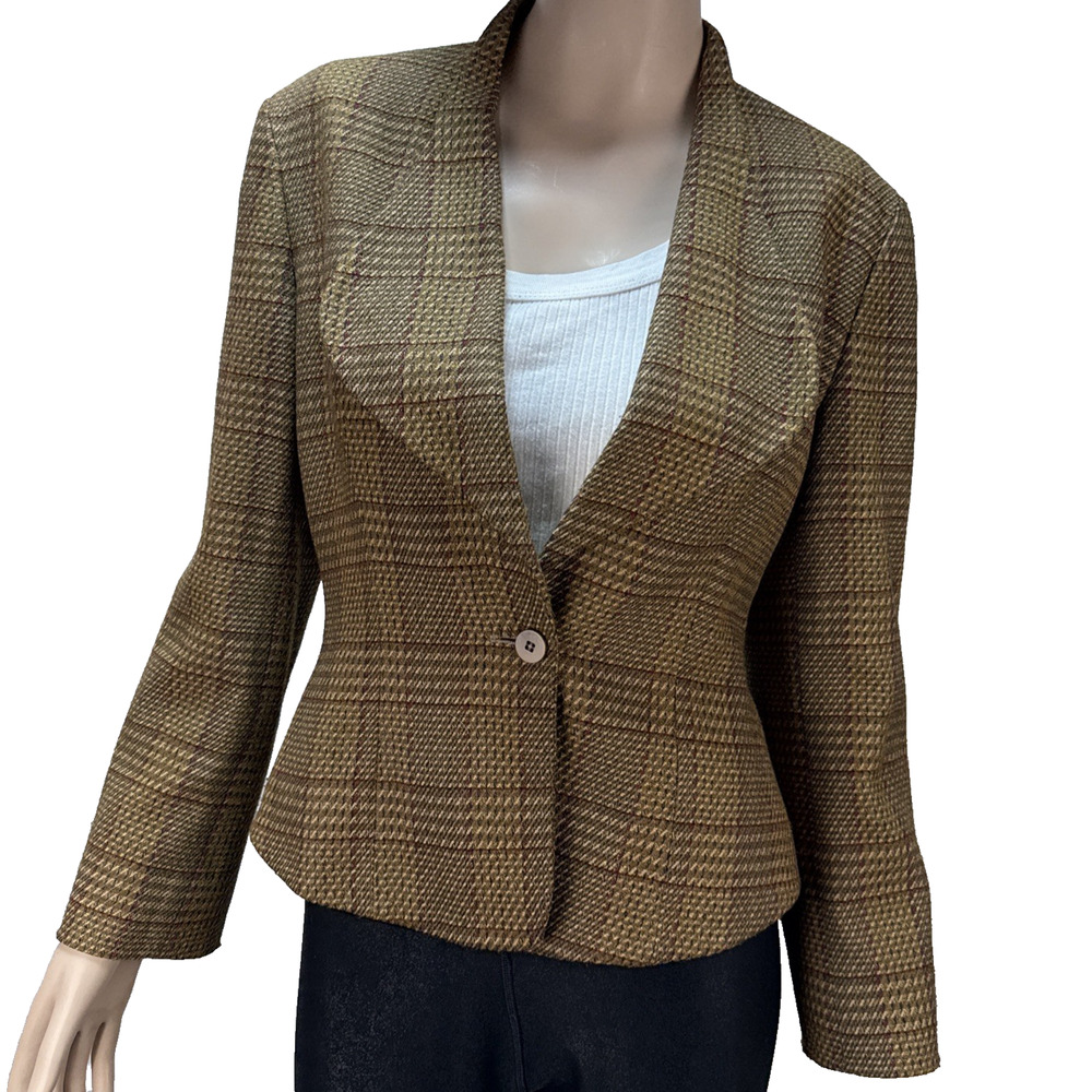 Giorgio Armani Vintage Plaid Tweed Crop Blazer Size 8 Silk Wool Designer Classic